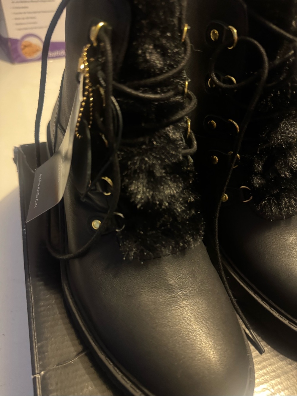 Ralph Lauren Black Lace-Up Faux-Fur Trim Boots